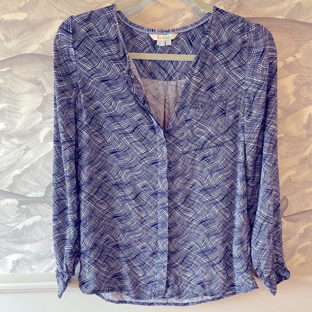 BODEN Button down blouse, blue and white print. Size 2